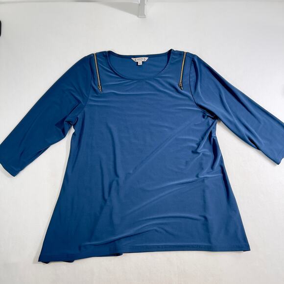 Nanette Lepore Tops - Nanette Lepore Collection Blouse Woman L Blue Zipper Exposed Shoulder 3/4 Sleeve
